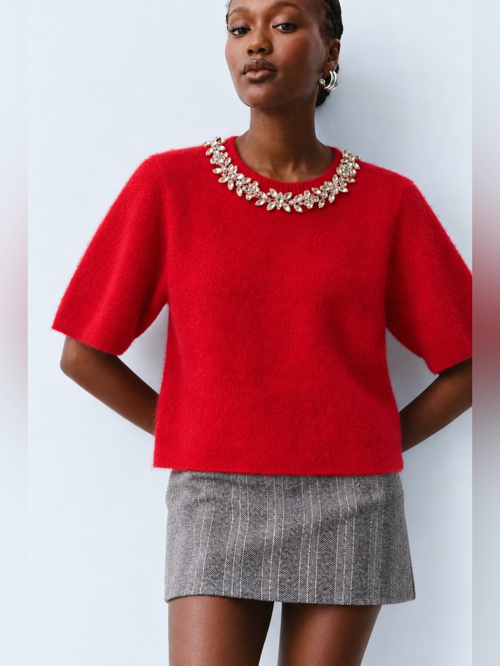 NWT Antonio Melani Kourtney Red Wool Blend Jeweled Crystal Sweater Sz XS